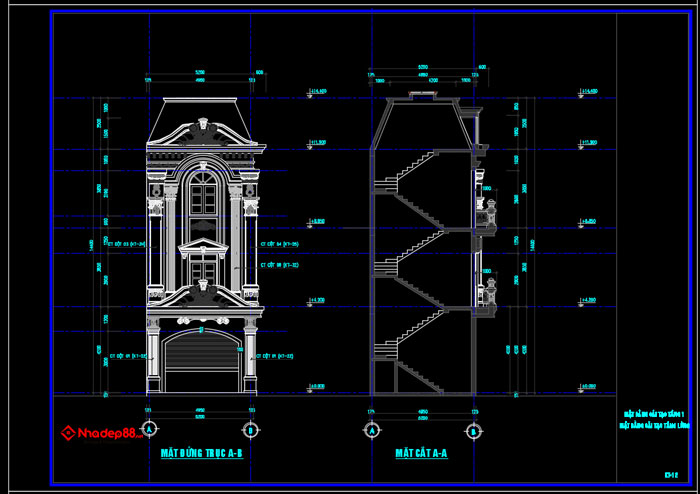 bản vẽ cad biệt thự 3 tầng tân cổ điển 