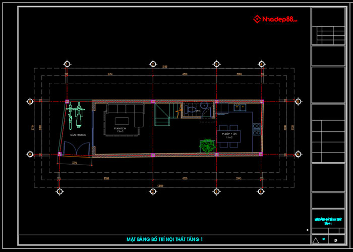 bản vẽ cad công năng nhà phố 3 tầng 3.7x14