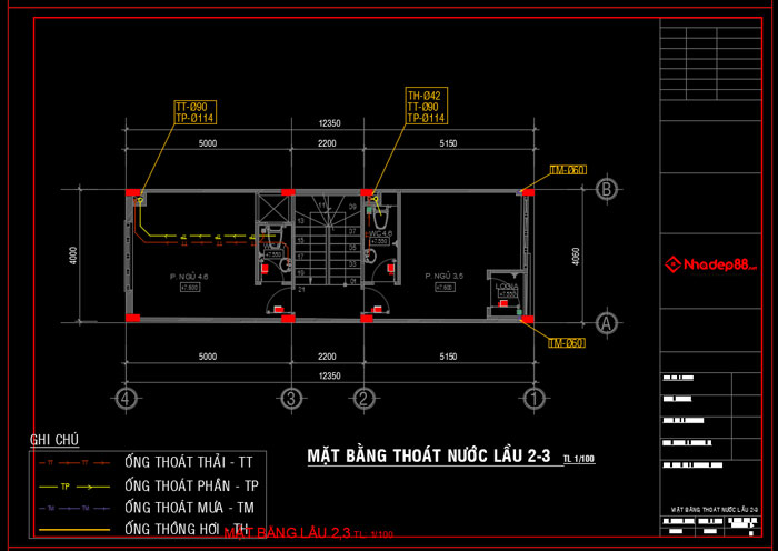 bản vẽ cad điện nước nhà phố 4x15m