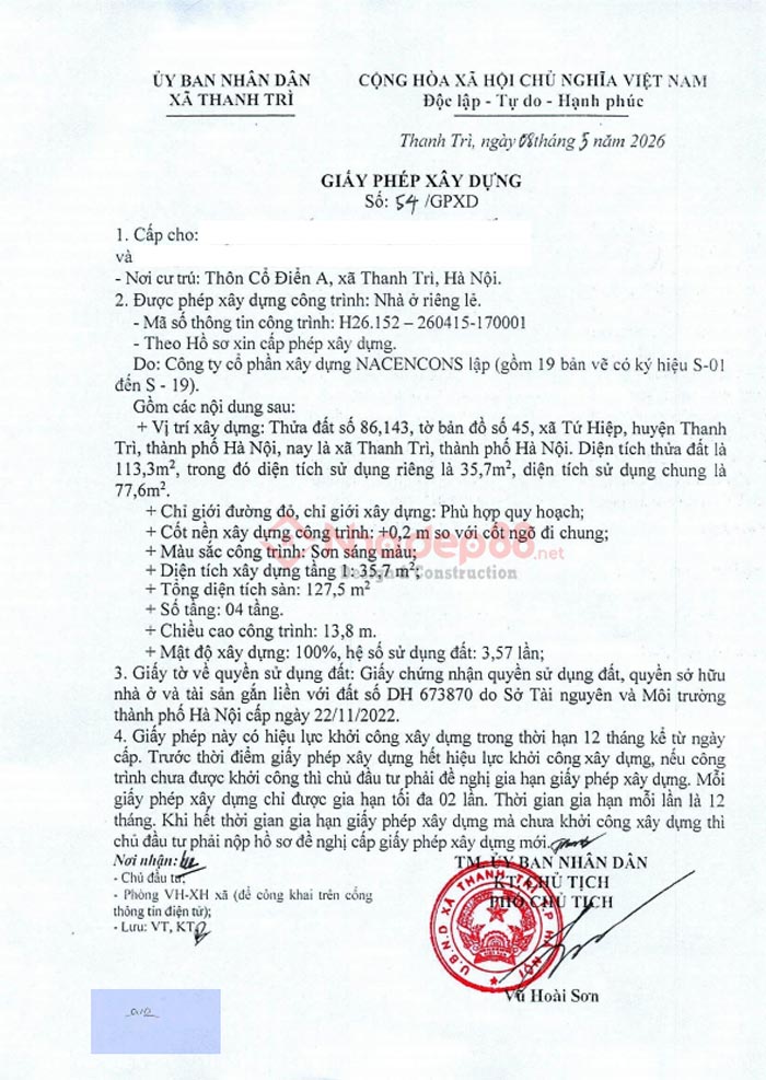 Cấp phép xây dựng thanh trì